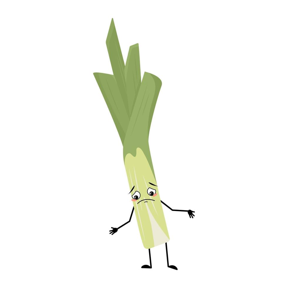 Cute green leek character with sad emotions, depressed face, down eyes, arms and legs. Healthy vegetable with melancholy expression and posture, rich in vitamins. Vector flat illustration