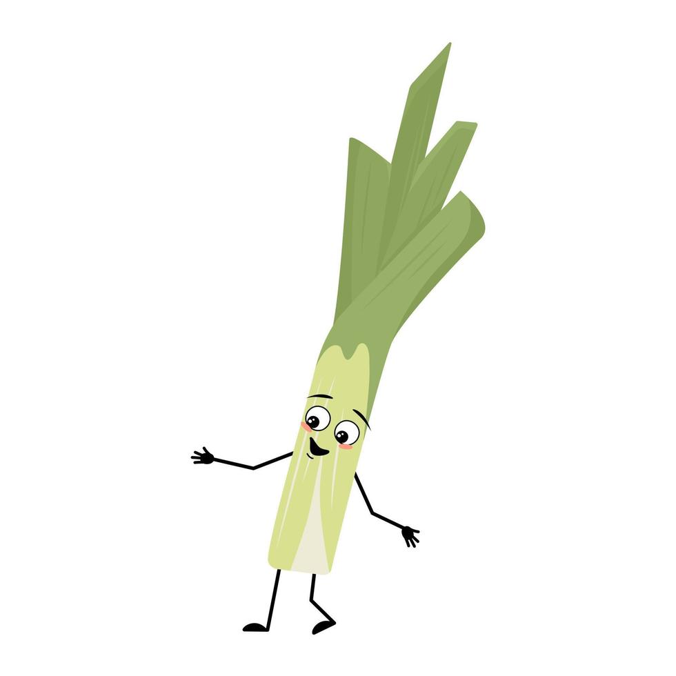 Cute green leek character with joyful emotions, happy face, smile eyes, arms and legs. Healthy vegetable with funny expression and posture, rich in vitamins. Vector flat illustration