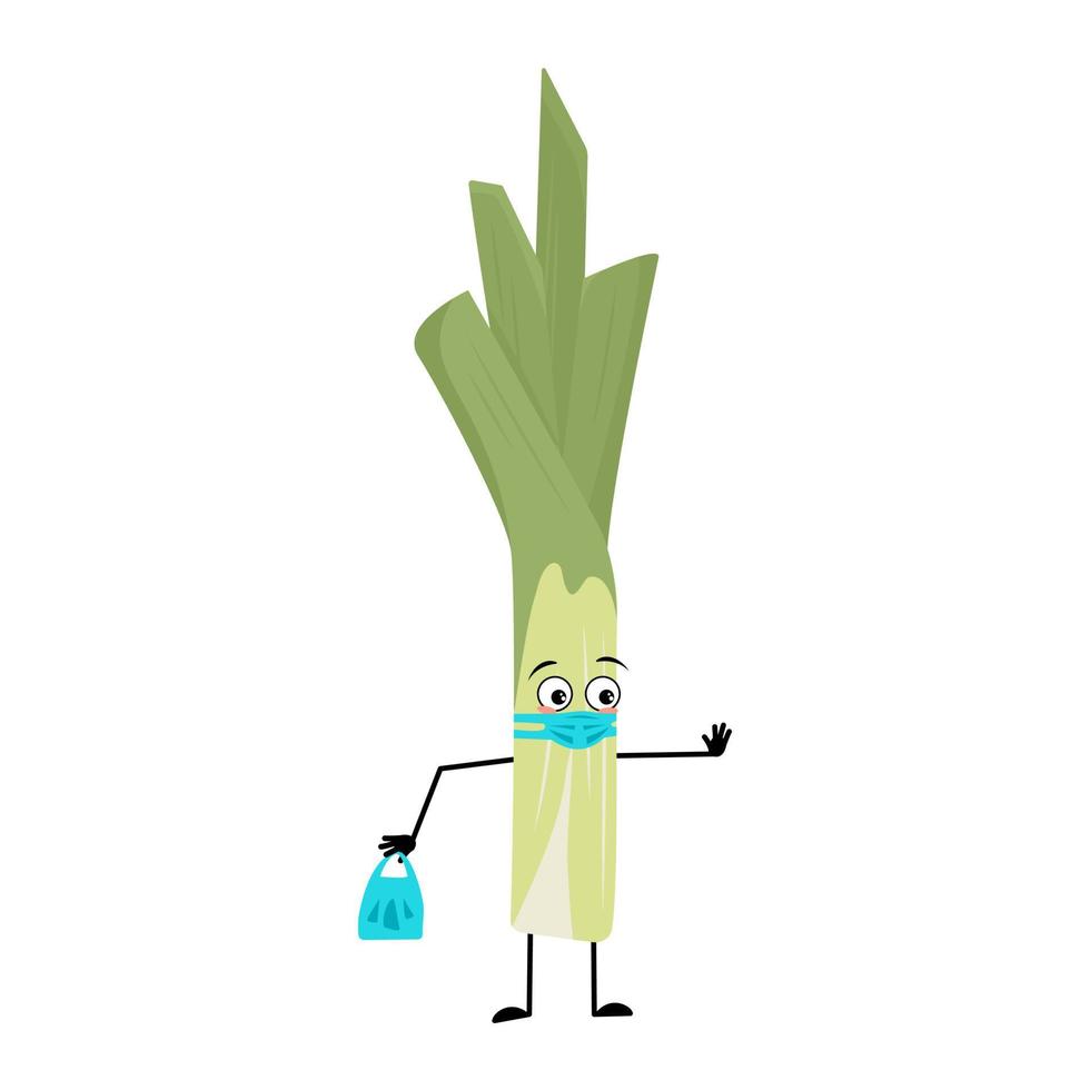 Cute green leek character with face in medical mask and keep distance, hands with shopping bag and stop gesture. Vegetable with care expression and posture, rich in vitamins. Vector flat illustration