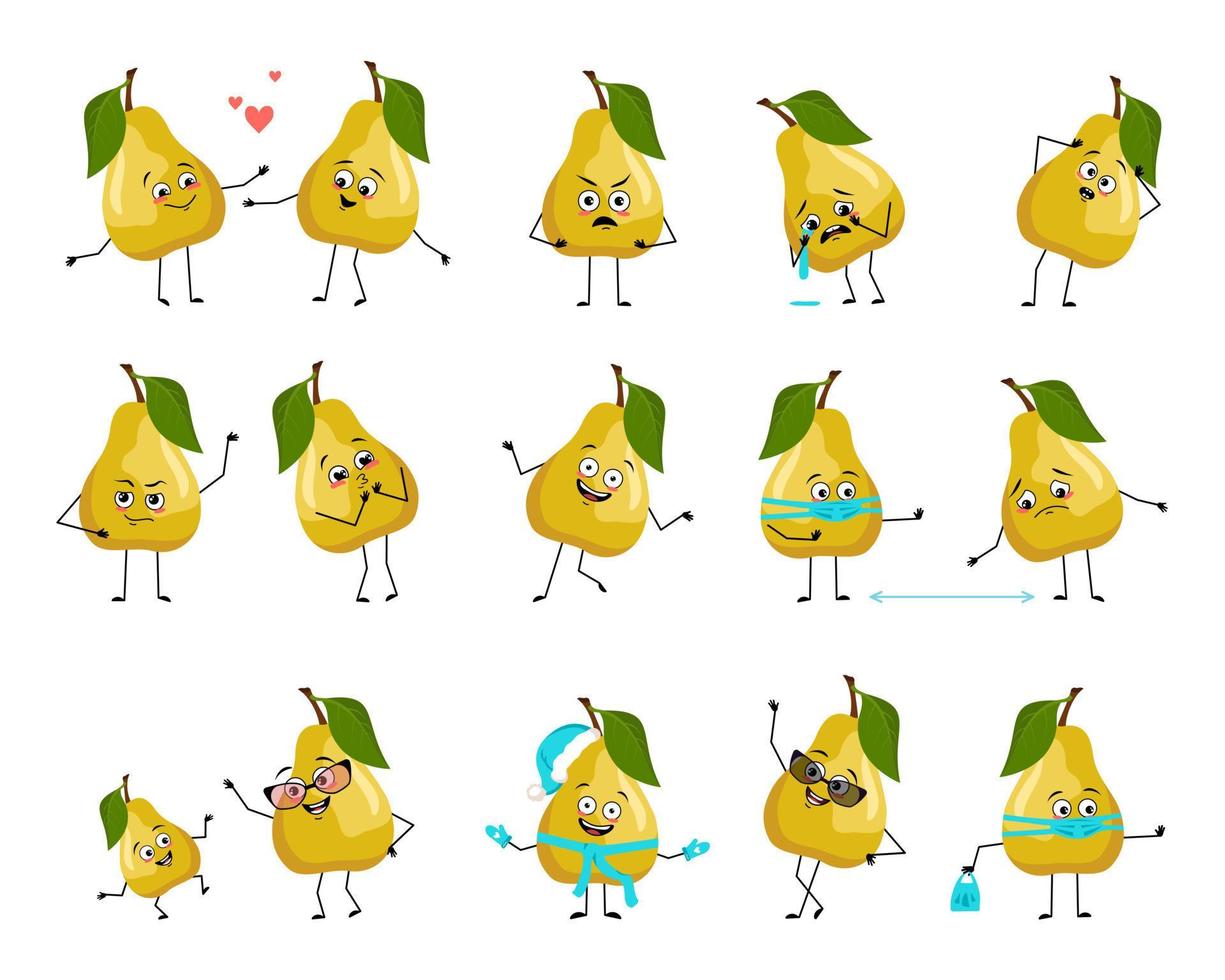 Pear character with happy or sad emotions, panic, loving or brave face, hands and legs. Cheerful fruit, exotic person with mask, glasses or hat. Vector flat illustration