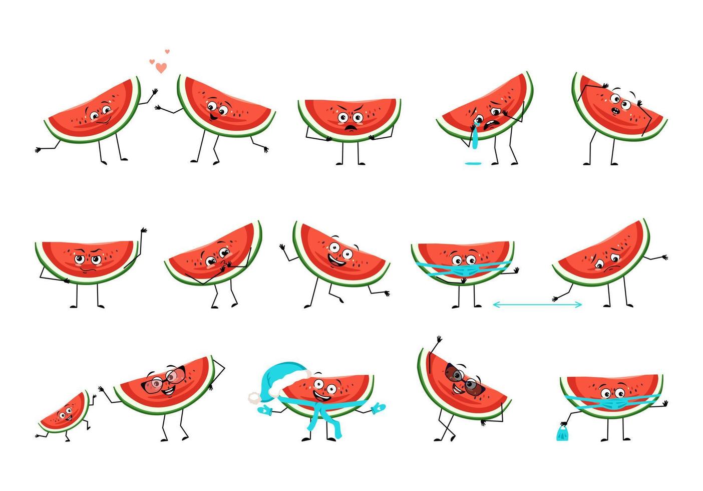 Red watermelon character with happy or sad emotions, panic, loving or brave face, hands and legs. Cheerful fruit person, berry with mask, glasses or hat. Vector flat illustration