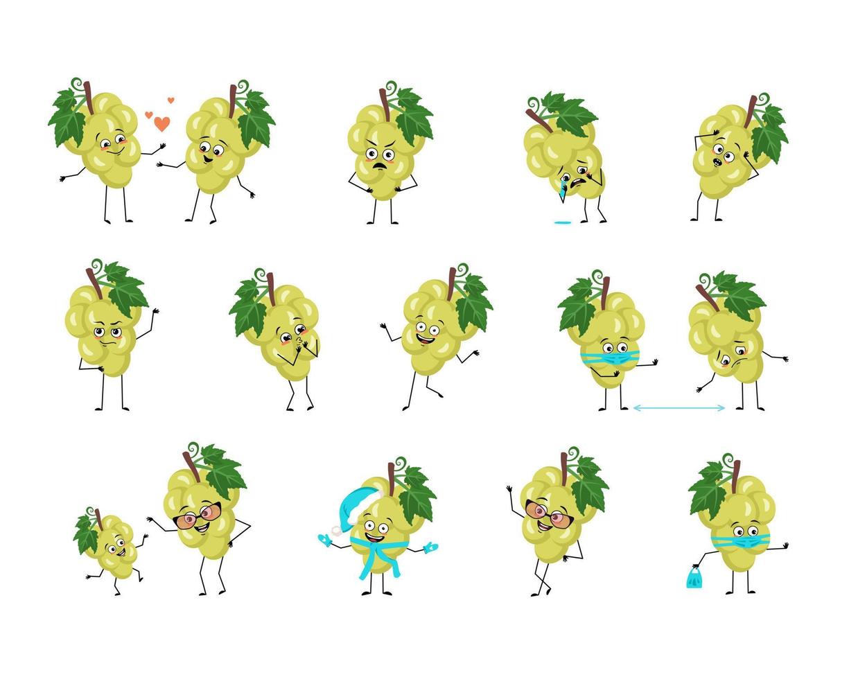 Grape character with happy or sad emotions, panic, loving or brave face, hands and legs. Cheerful fruit, exotic person with mask, glasses or hat. Vector flat illustration