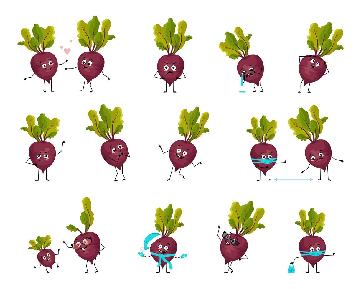 Beet character with happy or sad emotions, panic, loving or brave face, hands and legs. Cheerful vegetable, exotic person with mask, glasses or hat. Vector flat illustration