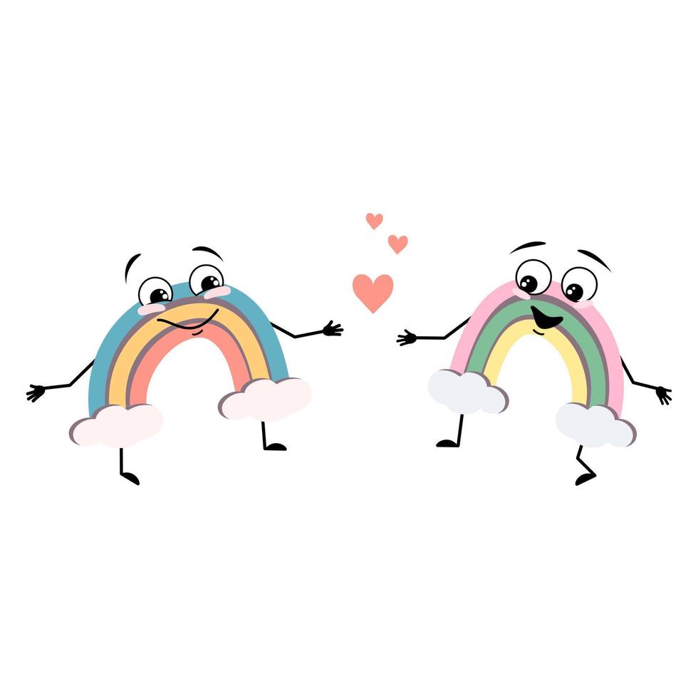 Cute rainbow character with love emotions, smile face, arms and legs. Person with funny expression and pose. Vector flat illustration