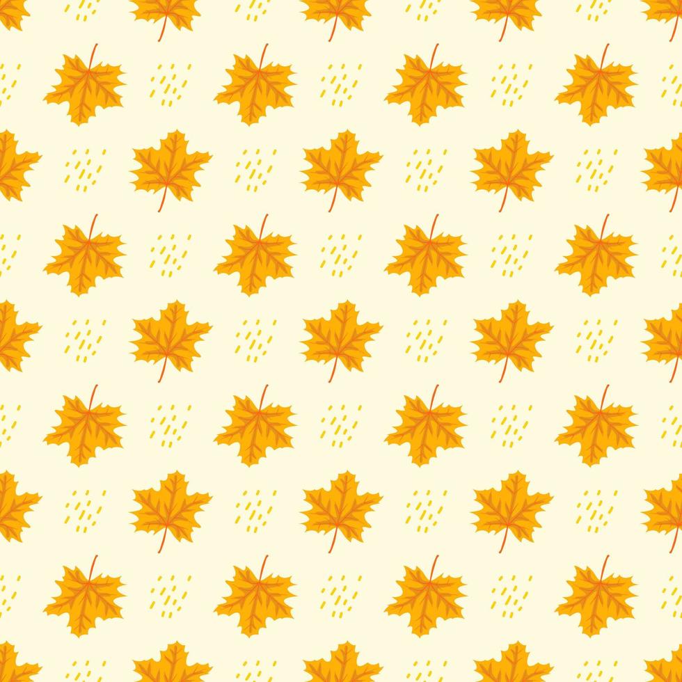 Seamless autumn pattern with orange maple leaves on yellow background. Bright fall print for textile and design. Vector flat ilustration