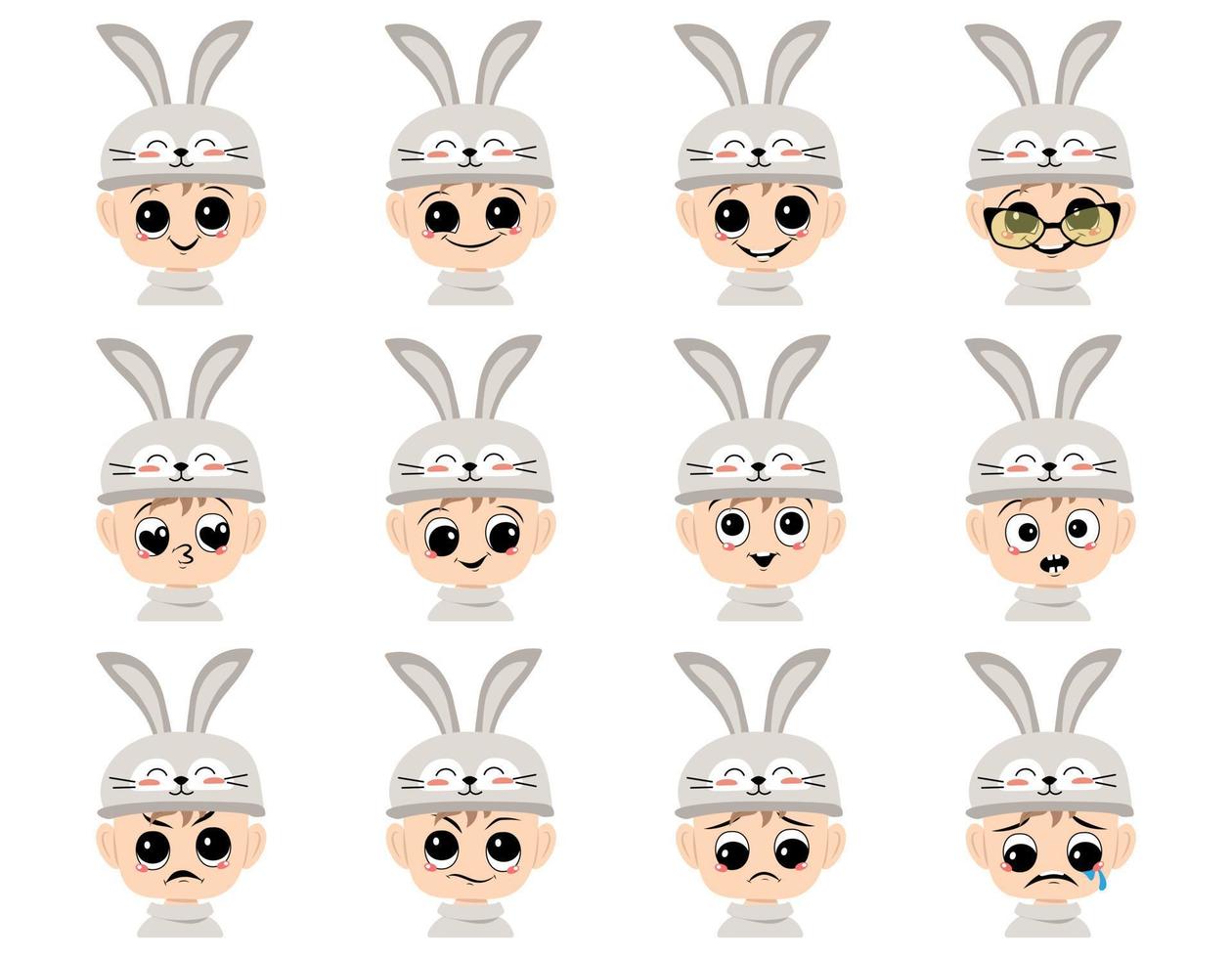 Set of boy avatar with big eyes and wide smile and different emotions in rabbit hat. Head of child with joyful face for holiday Easter, carnival costume for party. Vector flat illustration