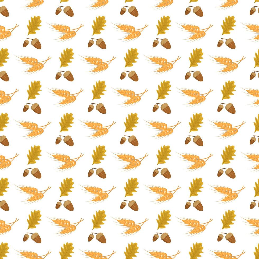 Seamless autumn pattern with acorns, oak leaves and ears of wheat on white background. Bright autumn harvest print for textiles and design. Vector flat illustration