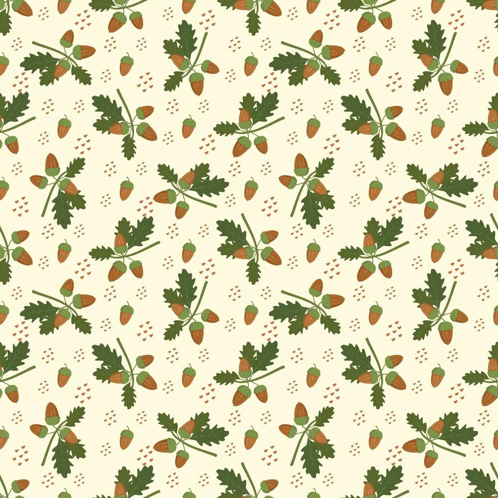 Seamless autumn pattern with acorn on yellow background. Bright fall print for textile and design. Vector flat ilustration