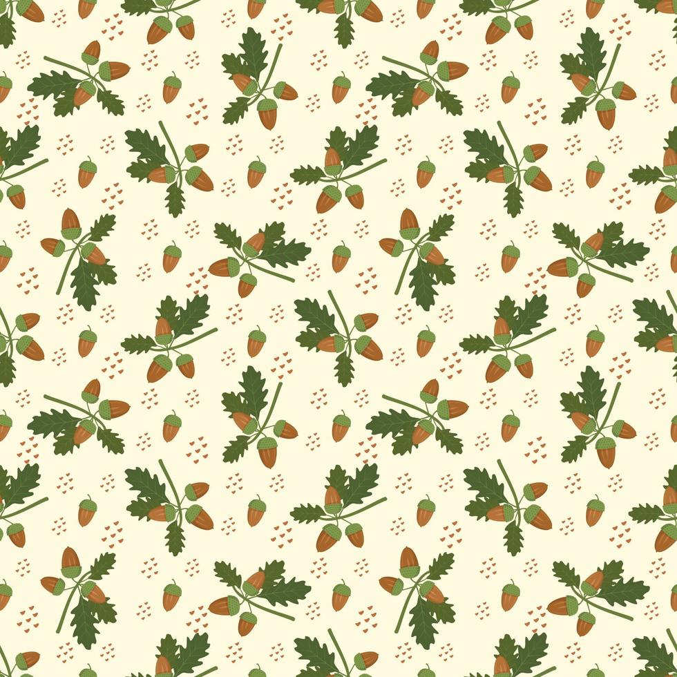 Seamless autumn pattern with acorn on yellow background. Bright fall print for textile and design. Vector flat ilustration