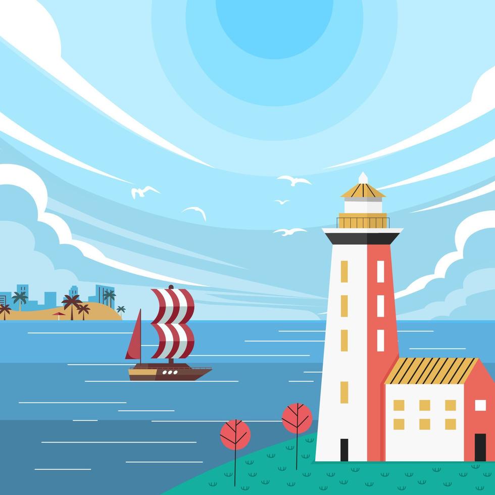 Ship On The Sea With Light House Concept vector