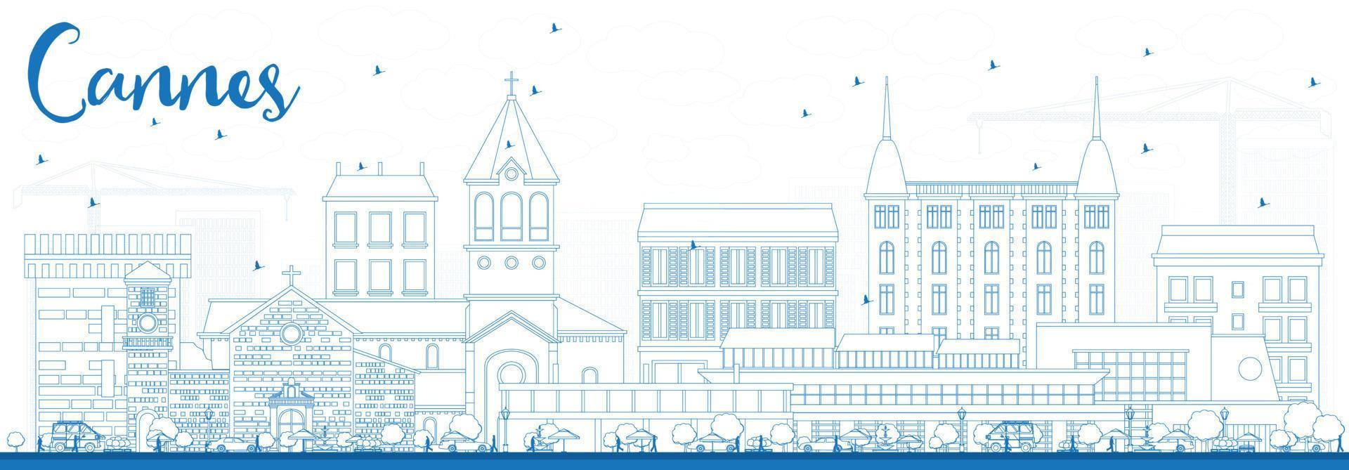 Outline Cannes Skyline with Blue Buildings. vector