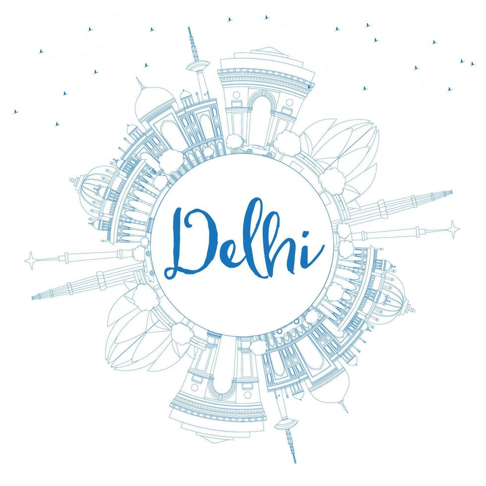 Outline Delhi Skyline with Blue Buildings and Copy Space. vector