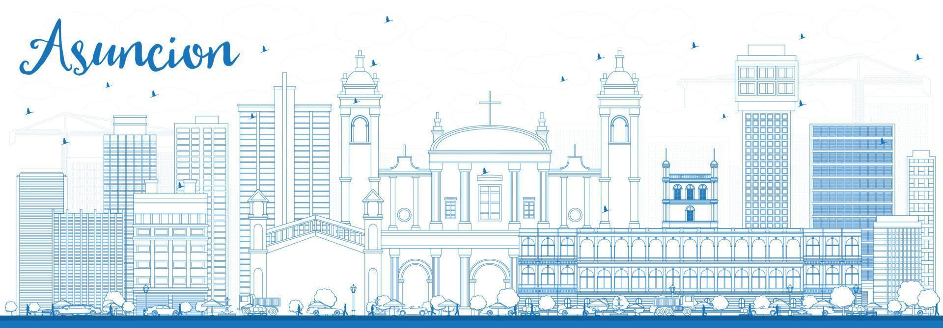 Outline Asuncion Skyline with Blue Buildings. vector