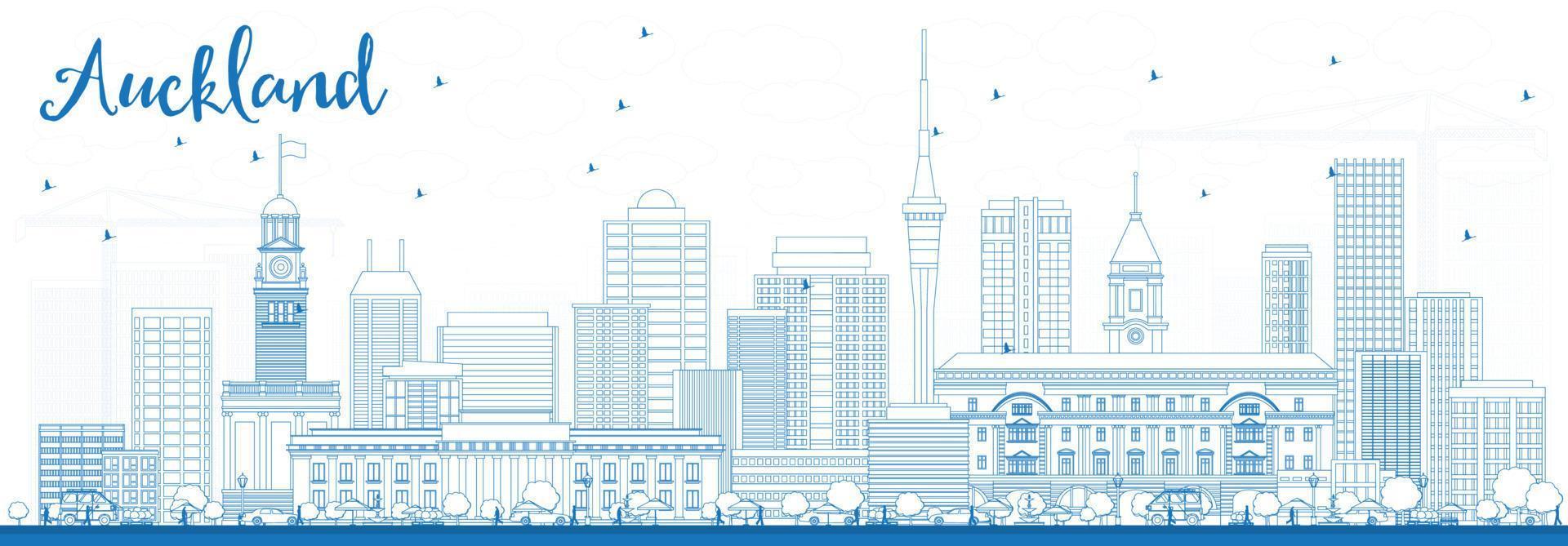Outline Auckland Skyline with Blue Buildings. vector