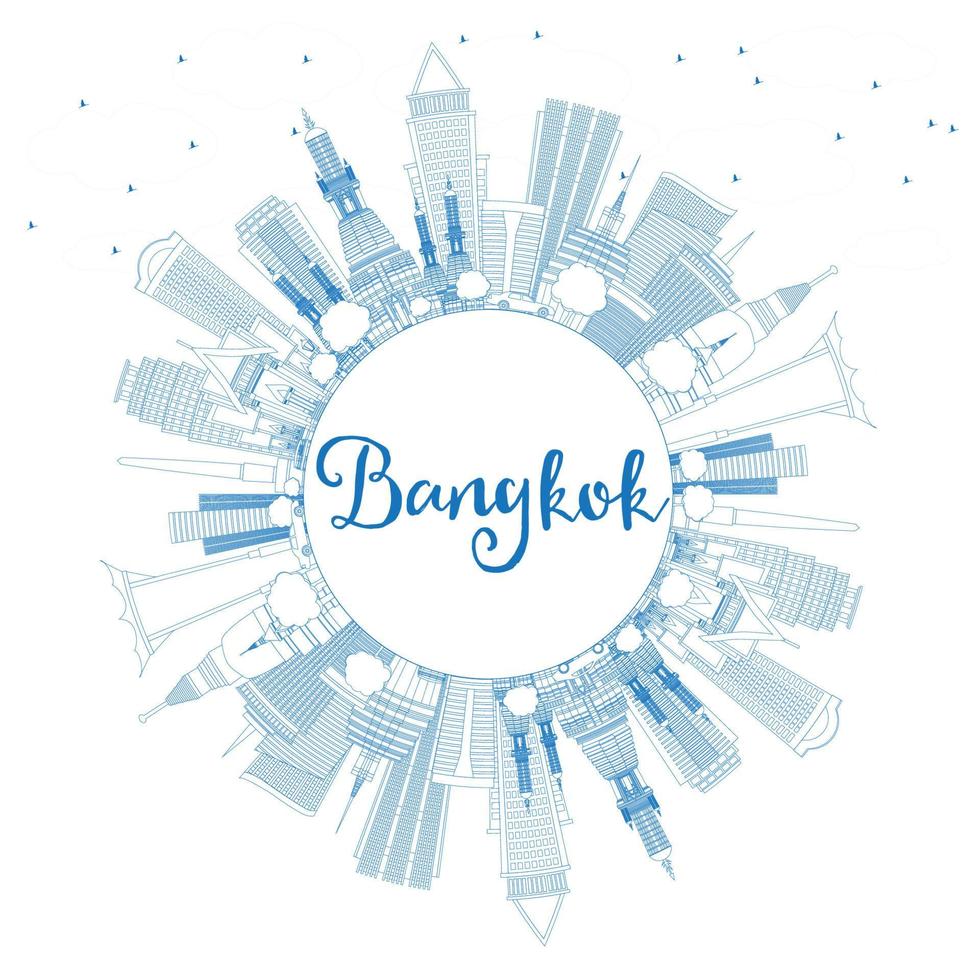 Outline Bangkok Skyline with Blue Landmarks and Copy Space. vector