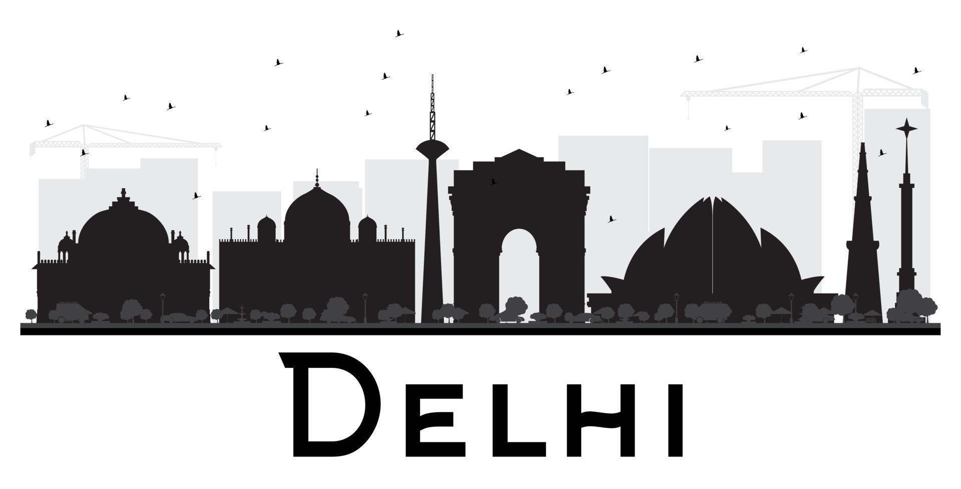 silueta en blanco y negro del horizonte de la ciudad de delhi. vector