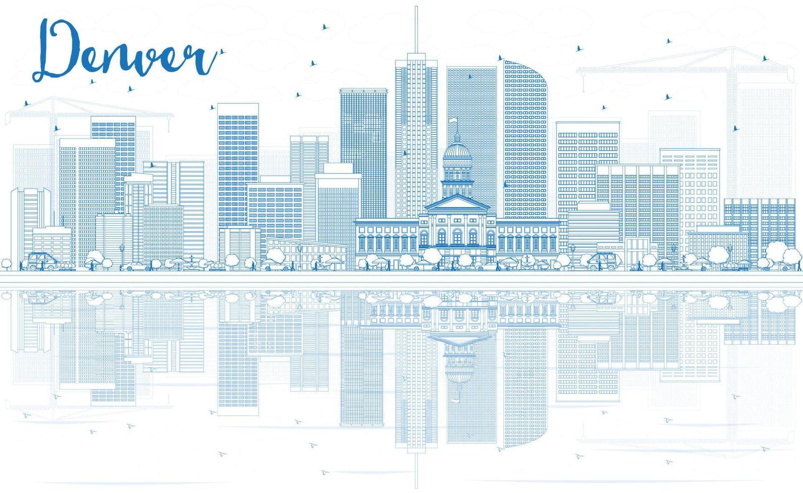 Outline Denver Skyline with Blue Buildings and Reflections. vector