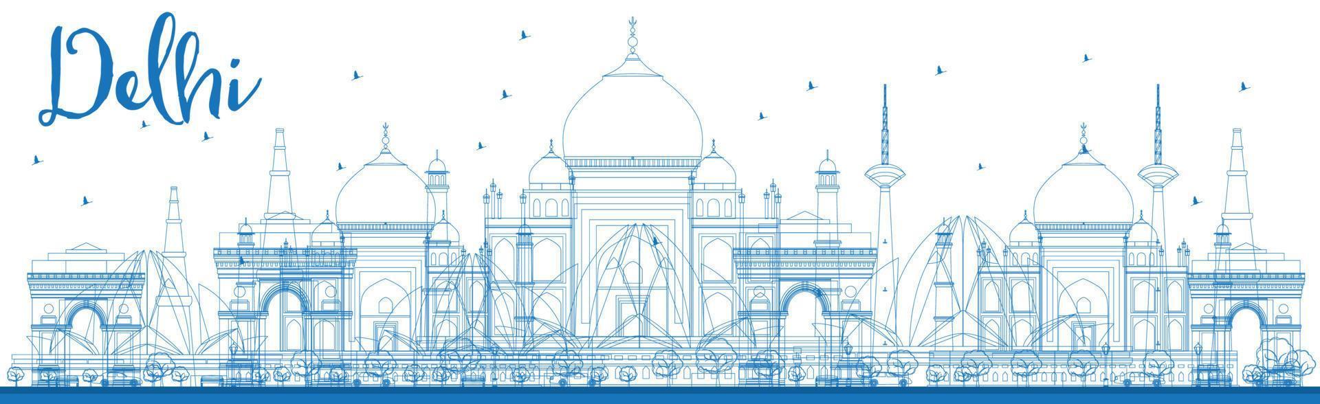 Outline Delhi skyline with blue landmarks. vector