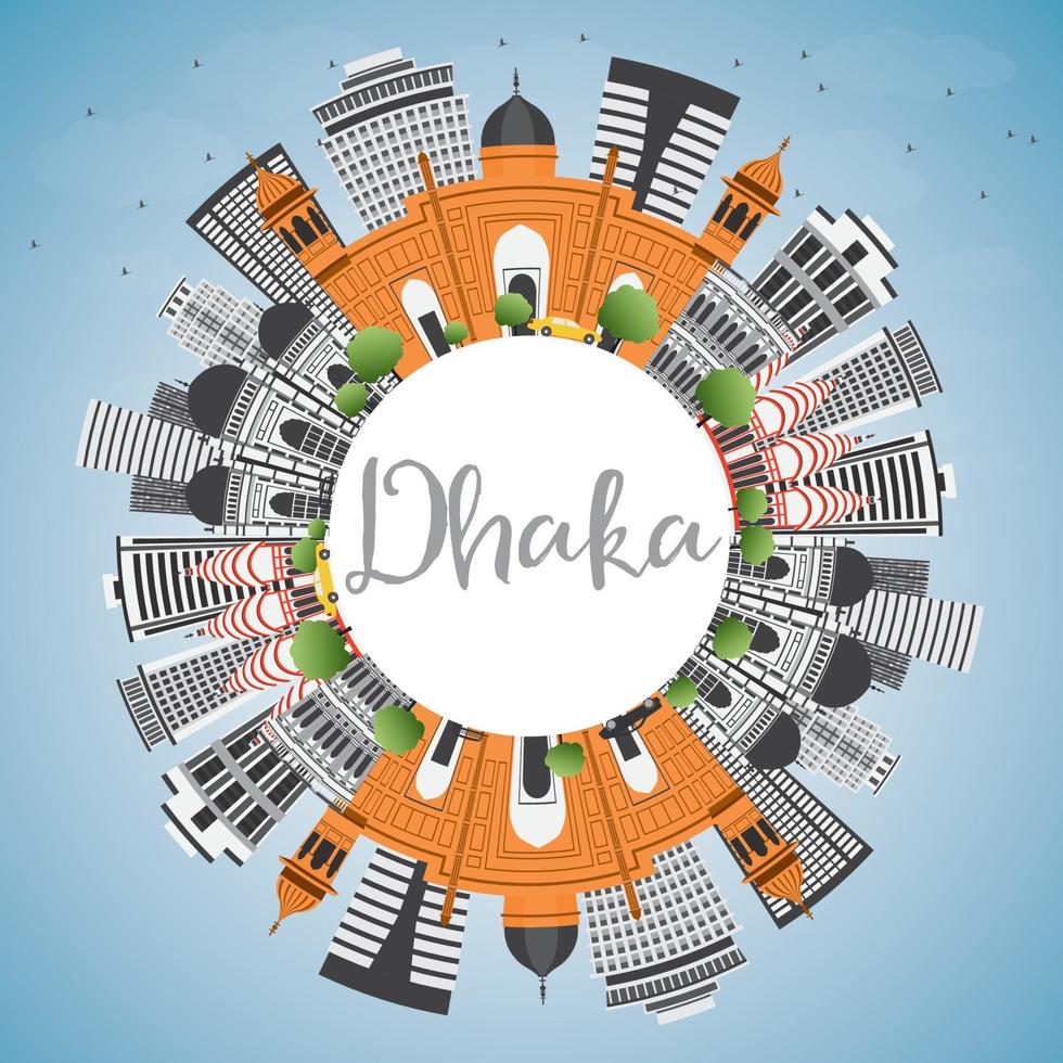 horizonte de dhaka con edificios grises, cielo azul y espacio para copiar. vector