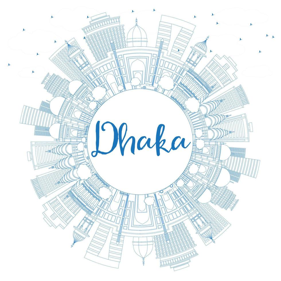 Outline Dhaka Skyline with Blue Buildings and Copy Space. vector