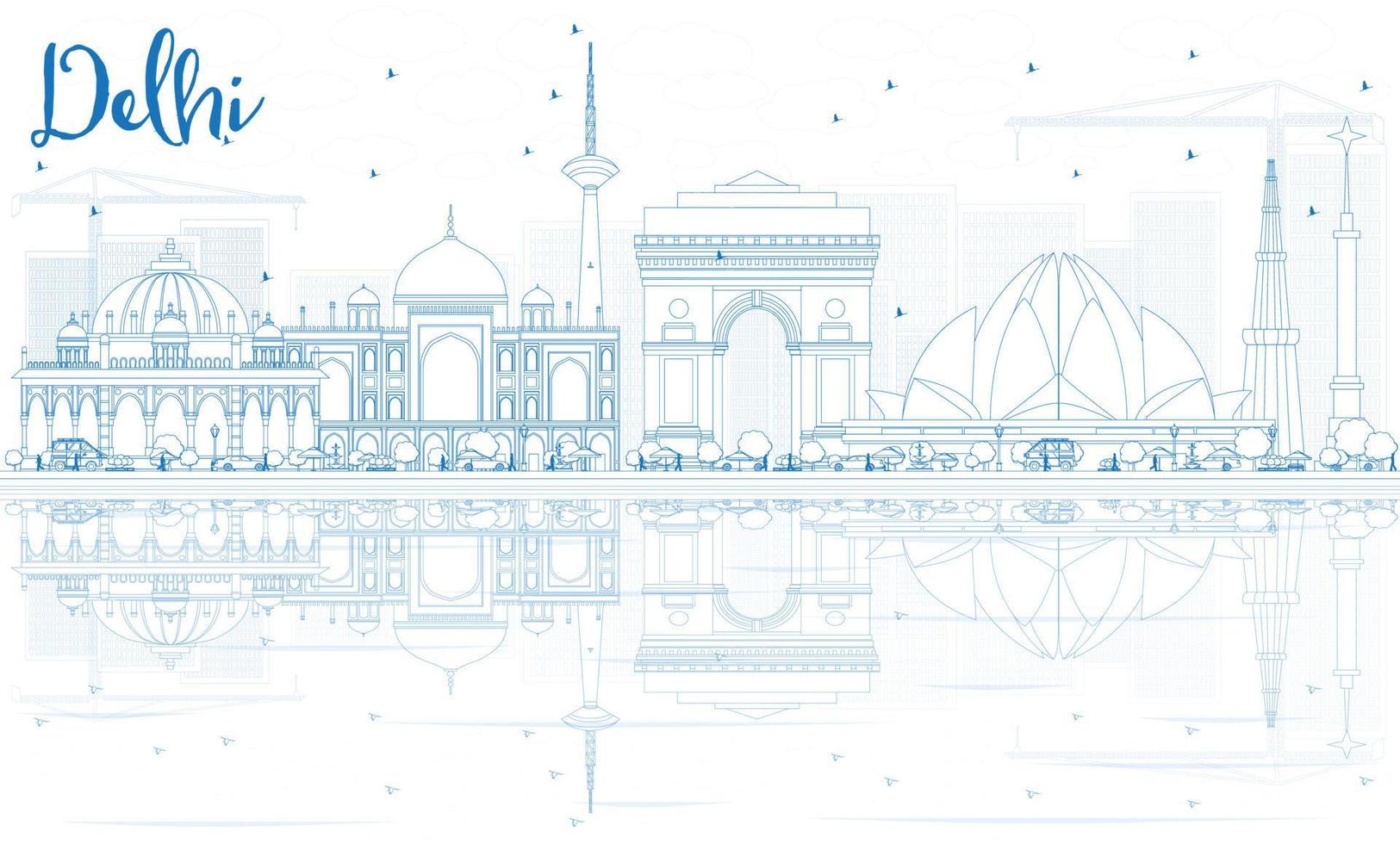 Outline Delhi Skyline with Blue Buildings and Reflections. vector