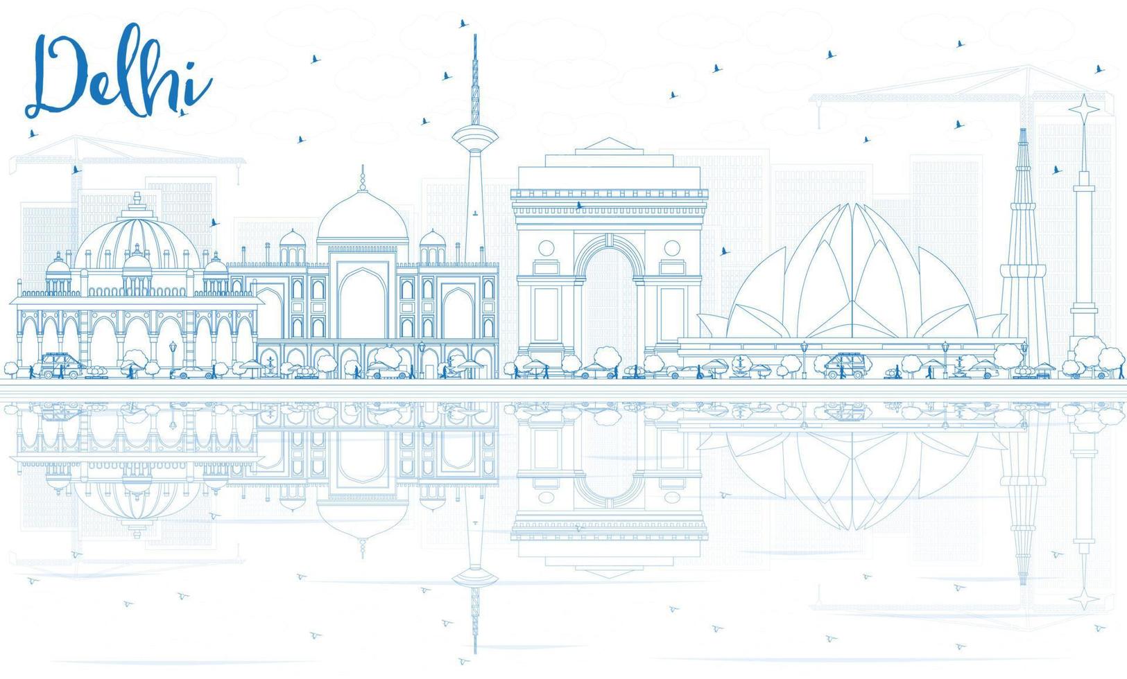 Outline Delhi Skyline with Blue Buildings and Reflections. vector