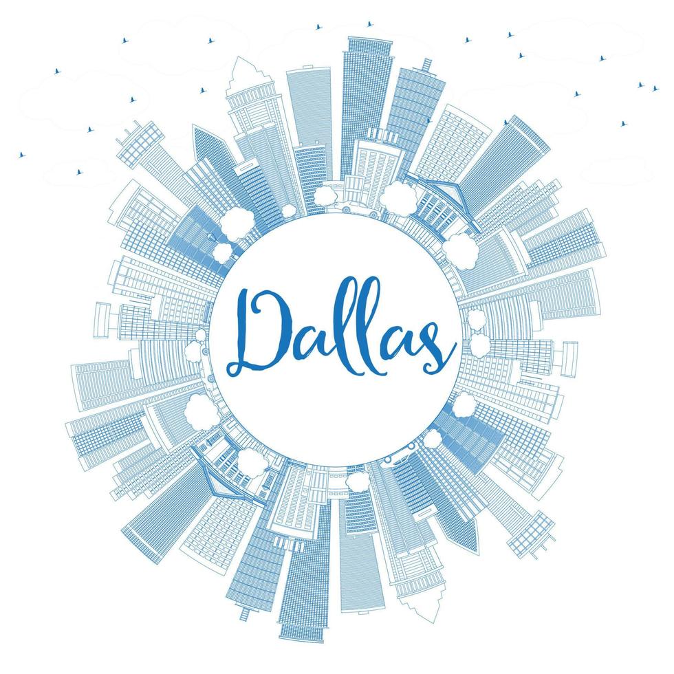 Outline Dallas Skyline with Blue Buildings and Copy Space. vector