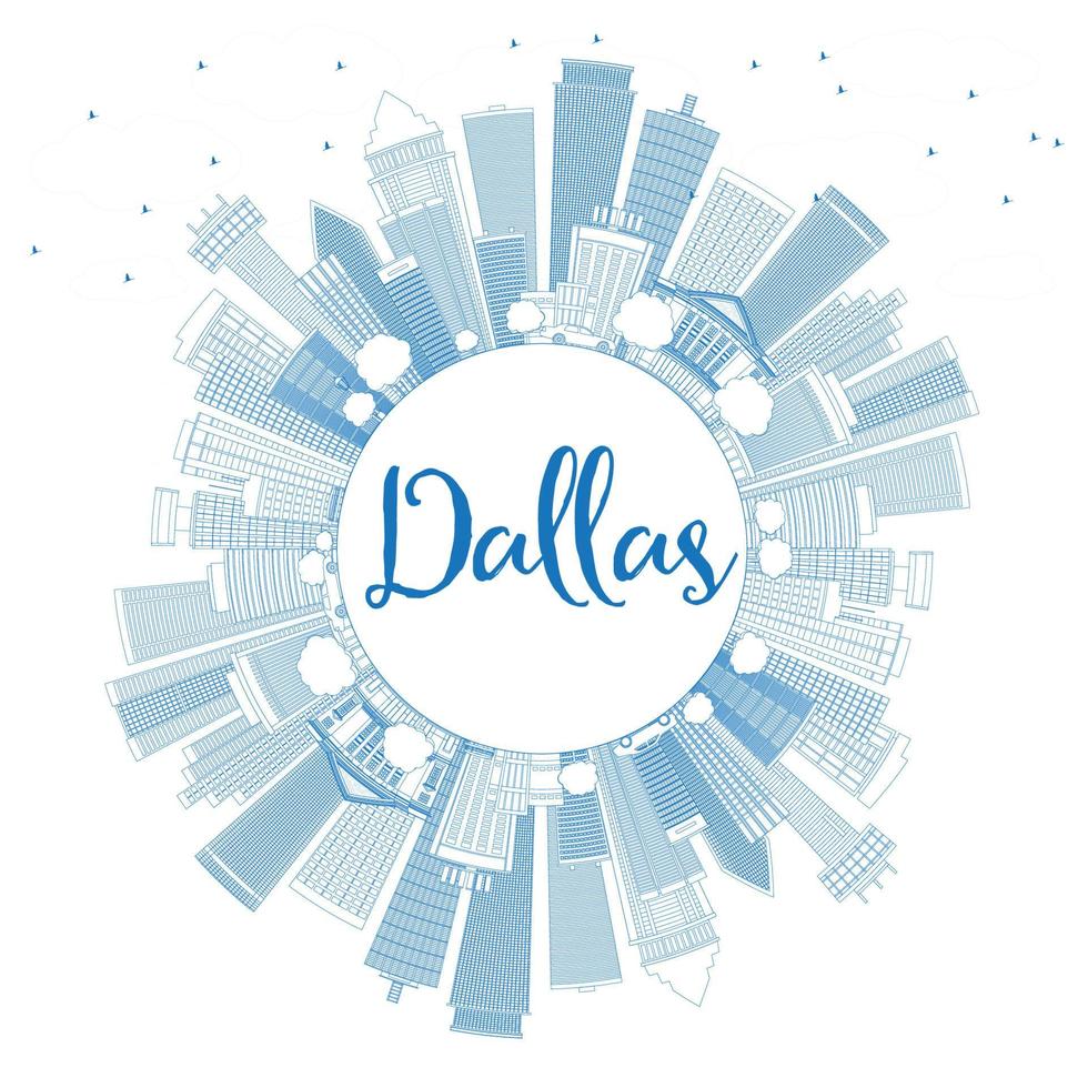 Outline Dallas Skyline with Blue Buildings and Copy Space. vector