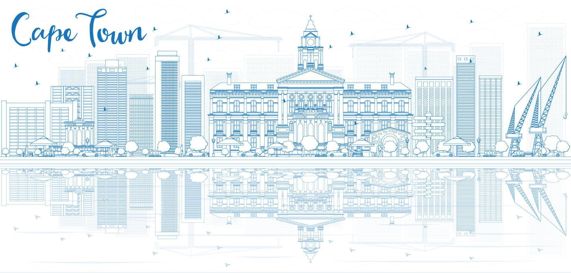 delinear el horizonte de ciudad del cabo con edificios azules y reflejos. vector