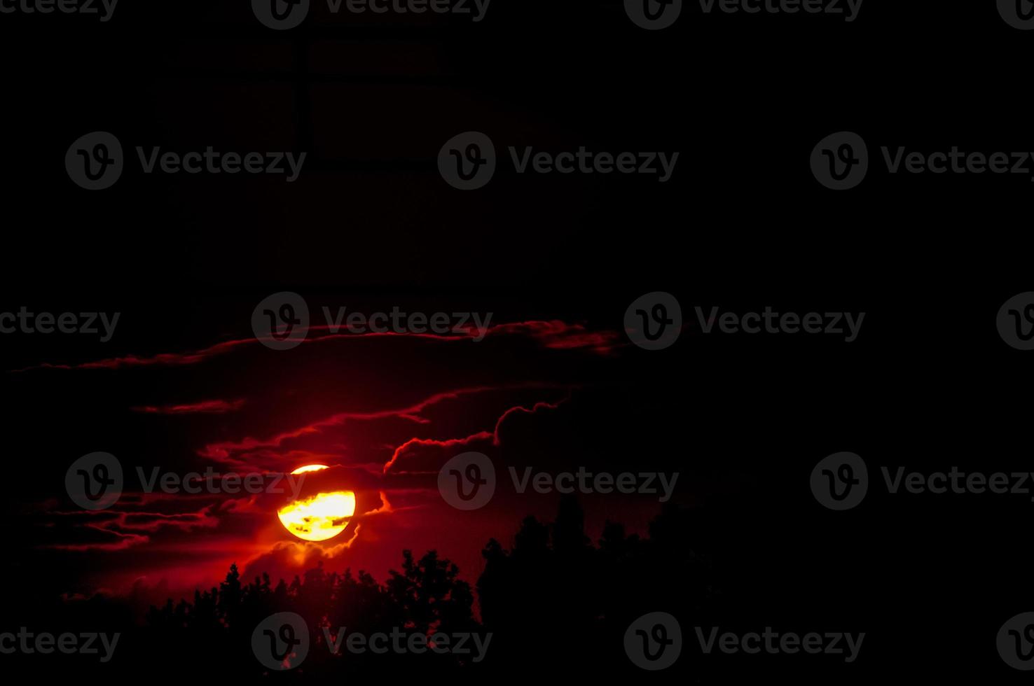 Red sun setting through the clouds in the woods photo