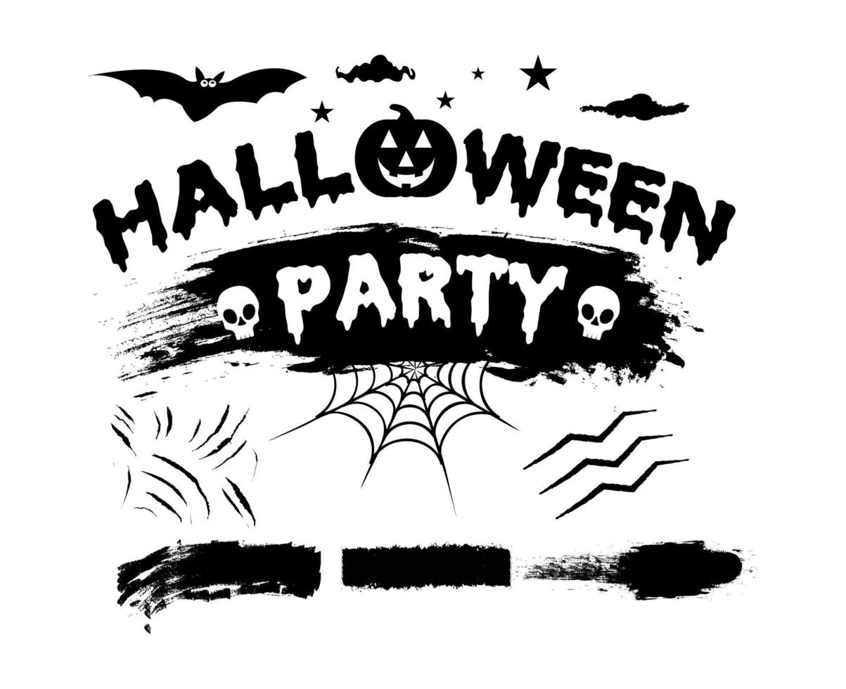 siluetas de halloween iconos y personajes negros trumpkin camiseta divertida halloween calabaza boo bruja fantasma cráneo murciélago esqueleto vector ilustración.