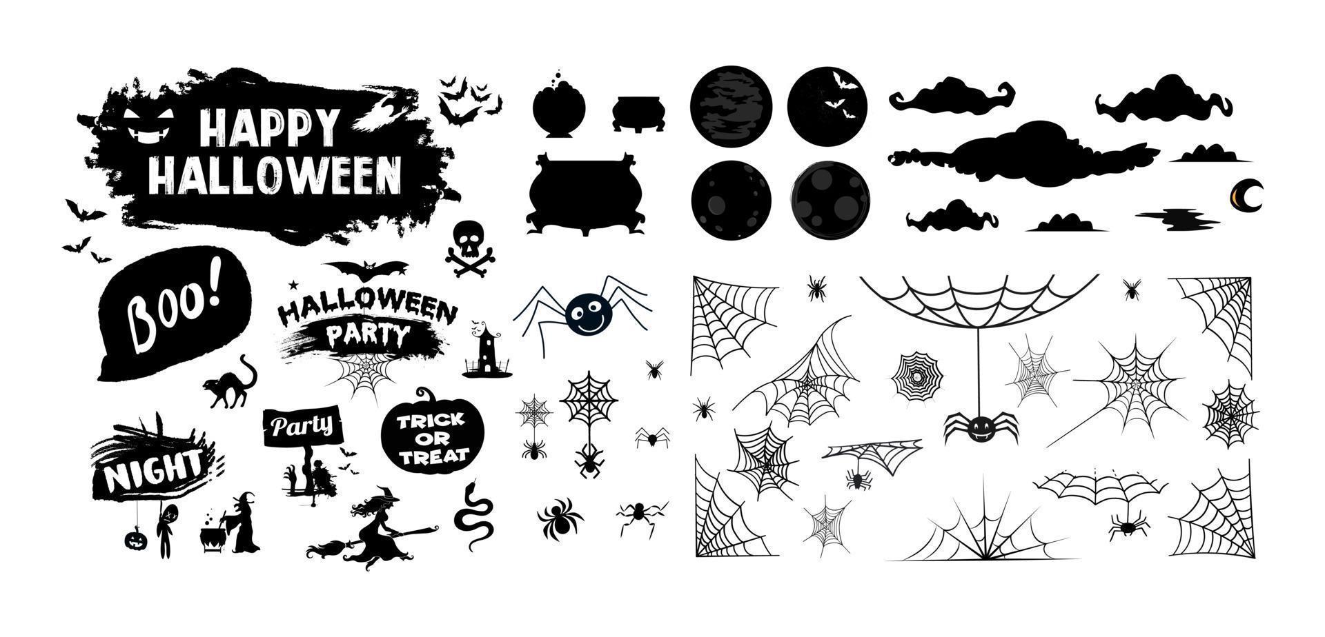 siluetas de halloween iconos y personajes negros trumpkin camiseta divertida halloween calabaza boo bruja fantasma cráneo murciélago esqueleto vector ilustración.