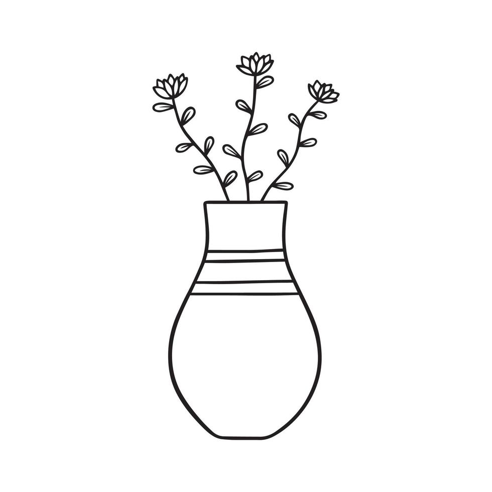 Hand drawn flowers in a vase doodle.  Home plants in sketch style.  Vector illustration isolated on white background.