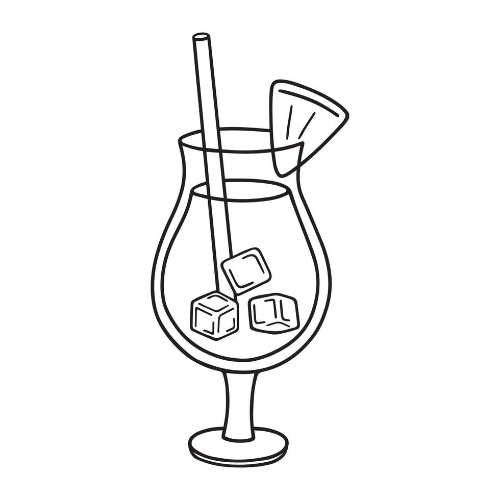 Hand drawn tropical exotic cocktail doodle.  Summer alcoholic drink in sketch style.  Vector illustration isolated on white background.
