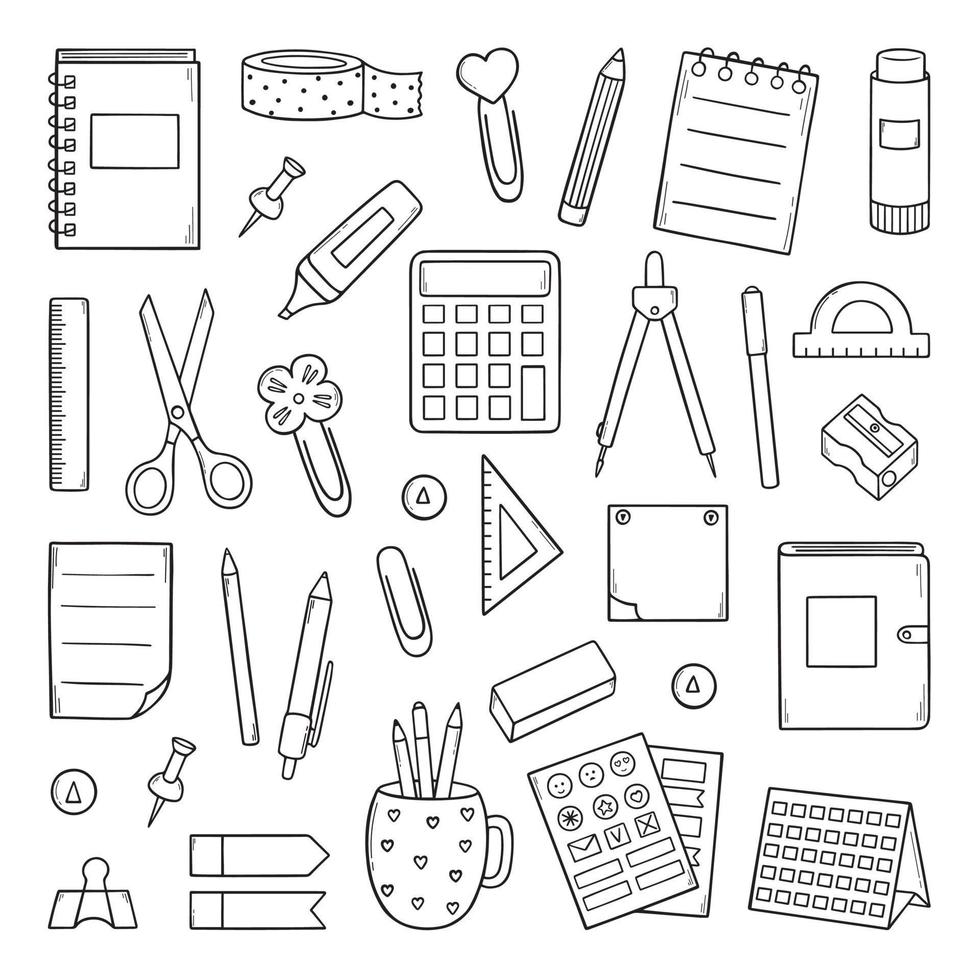 conjunto dibujado a mano de doodle de papelería escolar y de oficina. útiles educativos. pluma, lápiz, cuaderno, marcador, calculadora, pegatinas en estilo boceto. ilustración vectorial aislado sobre fondo blanco vector