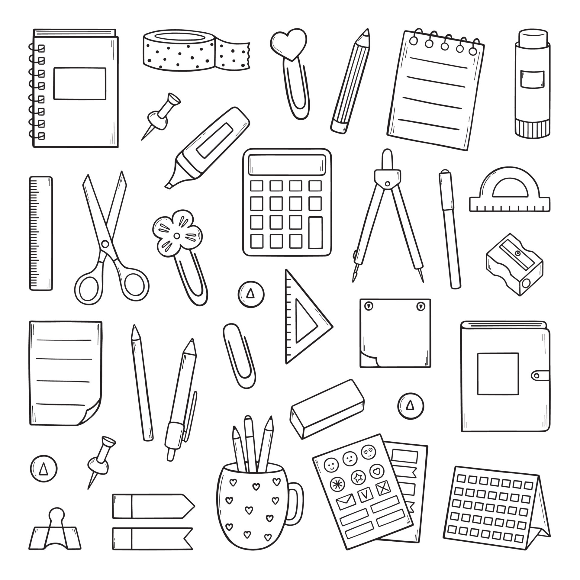 Hand drawn set of School and office stationery doodle. Education ...