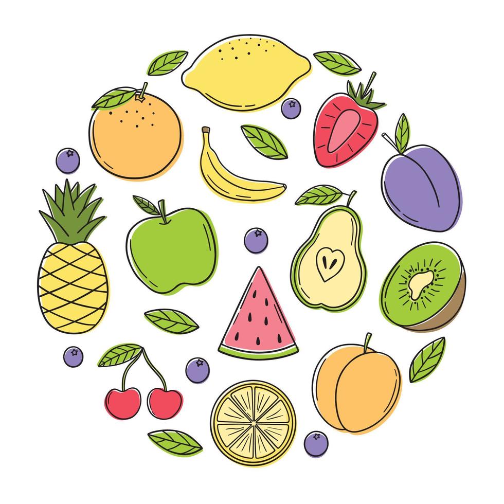 Hand drawn set of summer tropical fruits doodle.  Vegetarian food in sketch style.  Vector illustration isolated on white background.