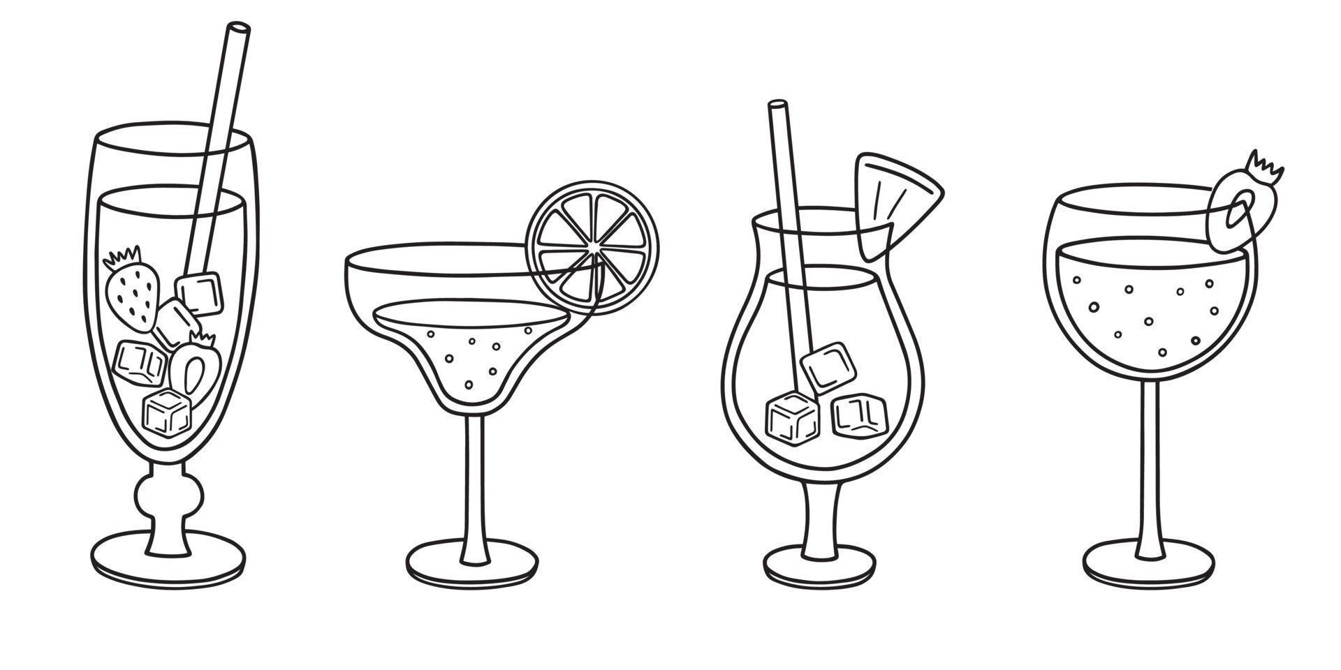 conjunto dibujado a mano de doodle de cócteles exóticos tropicales. bebidas alcohólicas de verano al estilo boceto. ilustración vectorial aislado sobre fondo blanco. vector