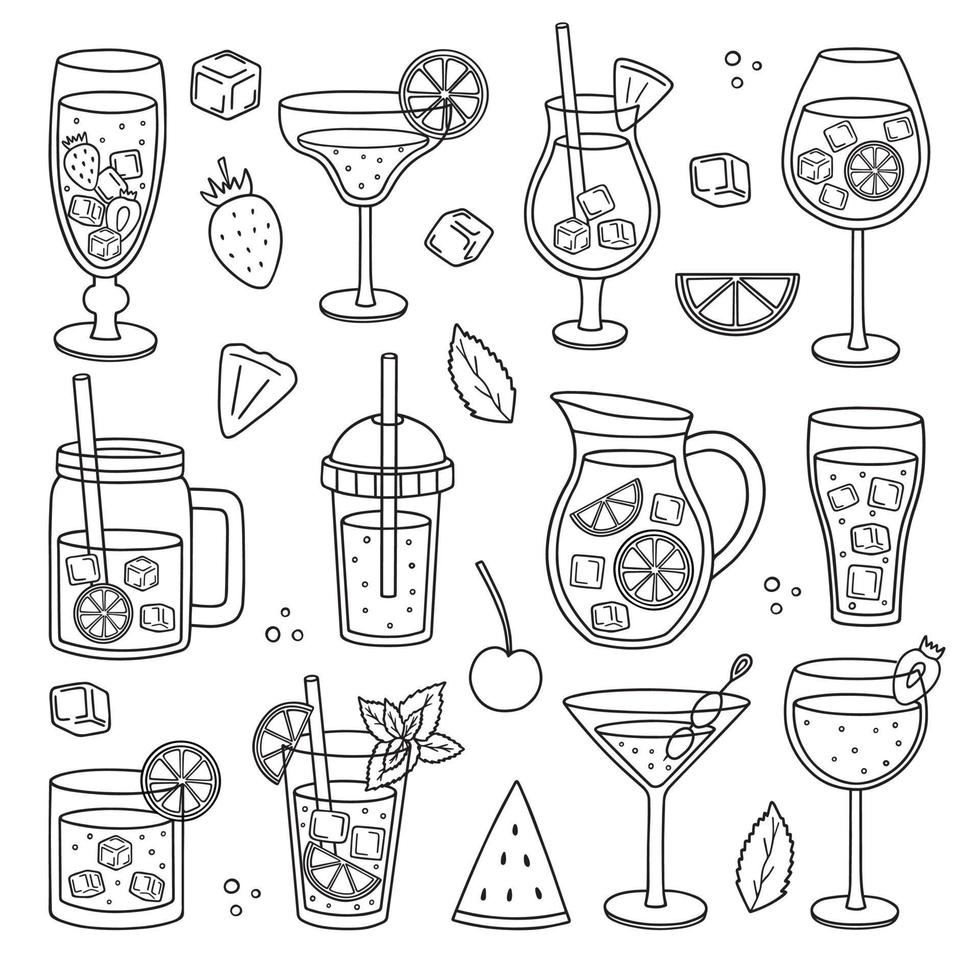 conjunto dibujado a mano de doodle de cócteles exóticos tropicales. bebidas de verano en estilo boceto. ilustración vectorial aislado sobre fondo blanco. vector