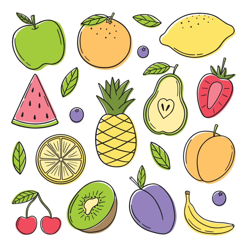 Hand drawn set of summer tropical fruits doodle.  Vegetarian food in sketch style.  Vector illustration isolated on white background.