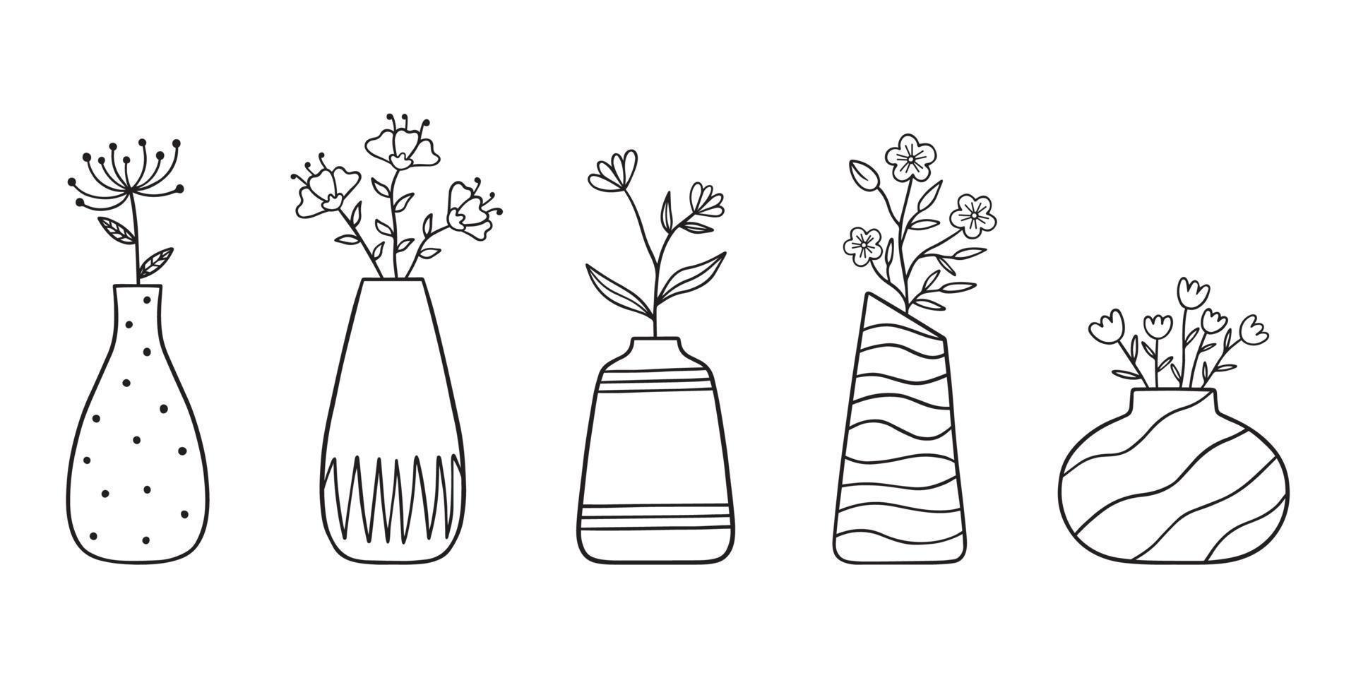 Hand drawn set of flowers and branches in a vase. doodle.  Home plants in sketch style.  Vector illustration isolated on white background.