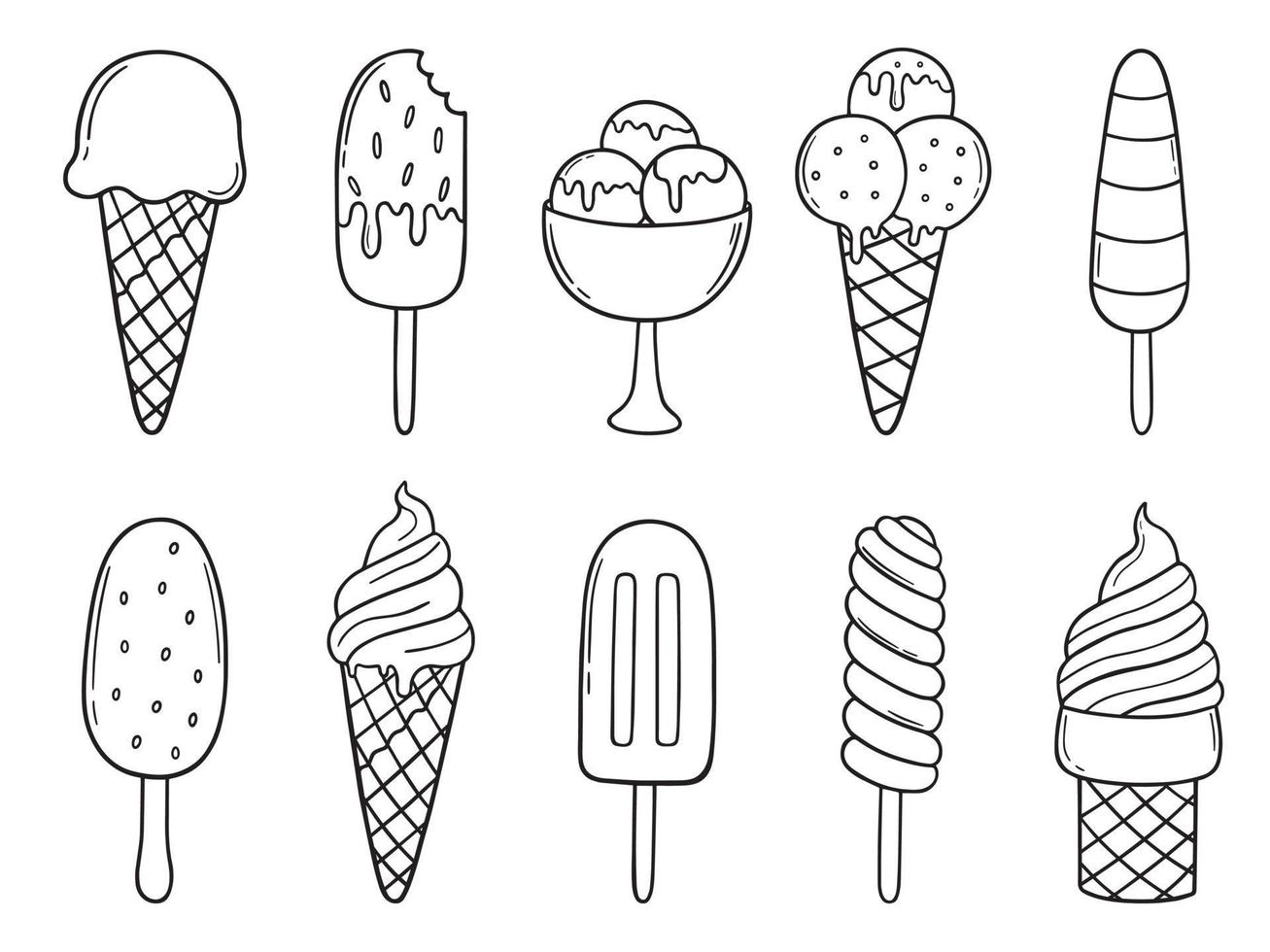 conjunto dibujado a mano de garabato de helado. postres dulces. esquimal, cono de gofre en estilo boceto. ilustración vectorial aislada en fondo blanco para menú de cafetería o restaurante, tarjeta de cumpleaños vector