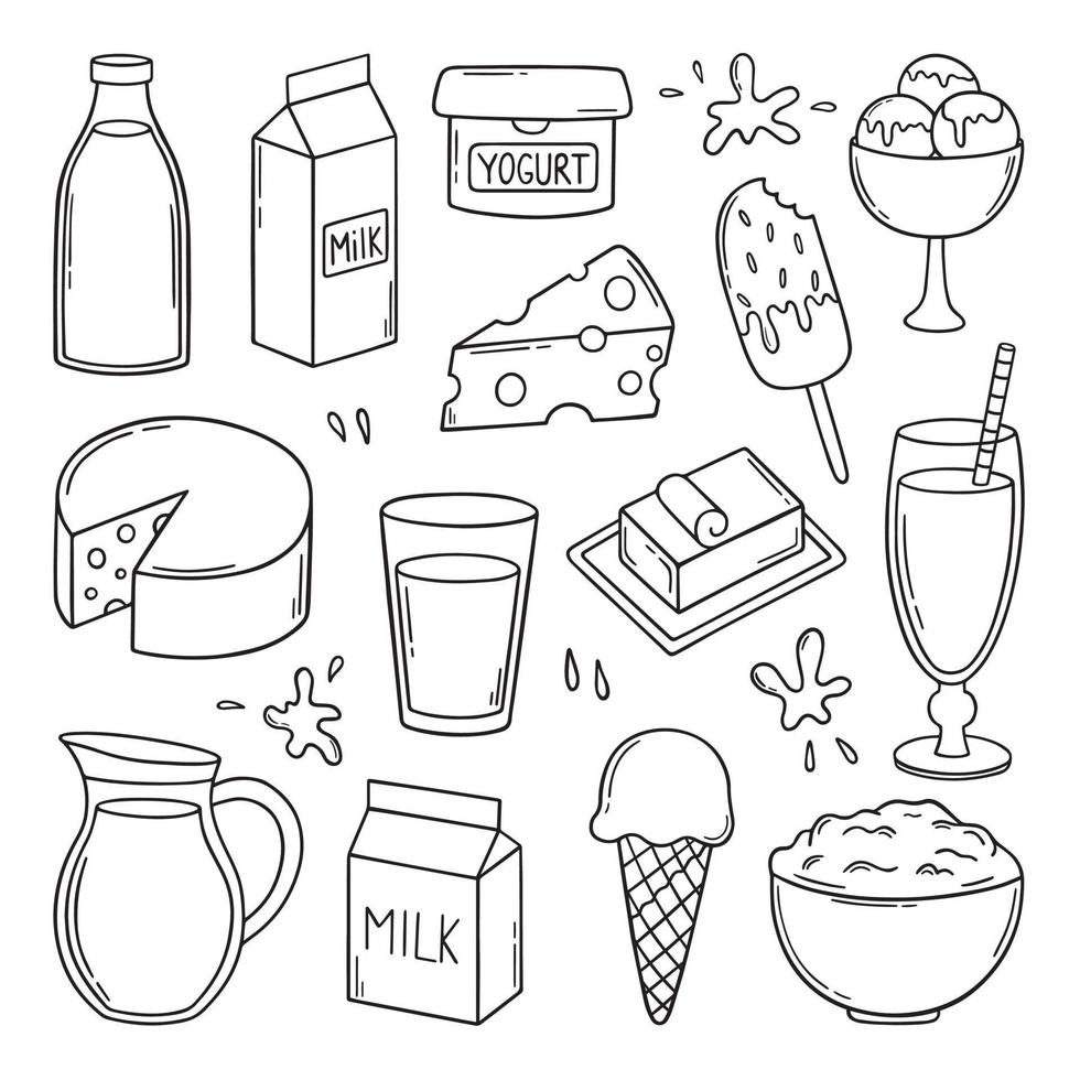 conjunto dibujado a mano de garabatos de leche y productos lácteos. comida de granja queso, mantequilla, yogur, leche, helado, requesón al estilo boceto. ilustración vectorial aislado sobre fondo blanco. vector