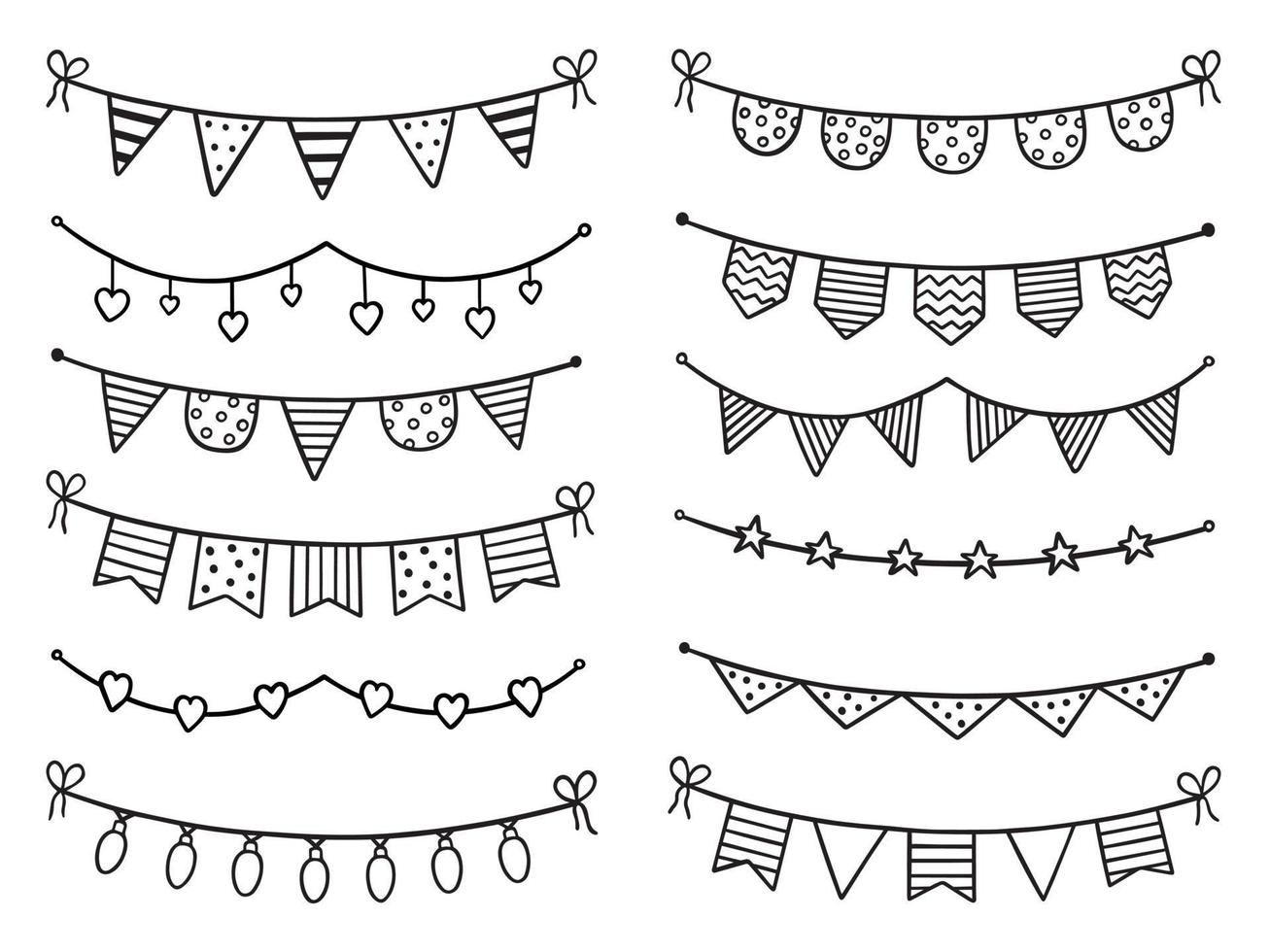 Hand drawn set of party bunting flags doodle.  Birthday garland in sketch style.  Vector illustration isolated on white background.