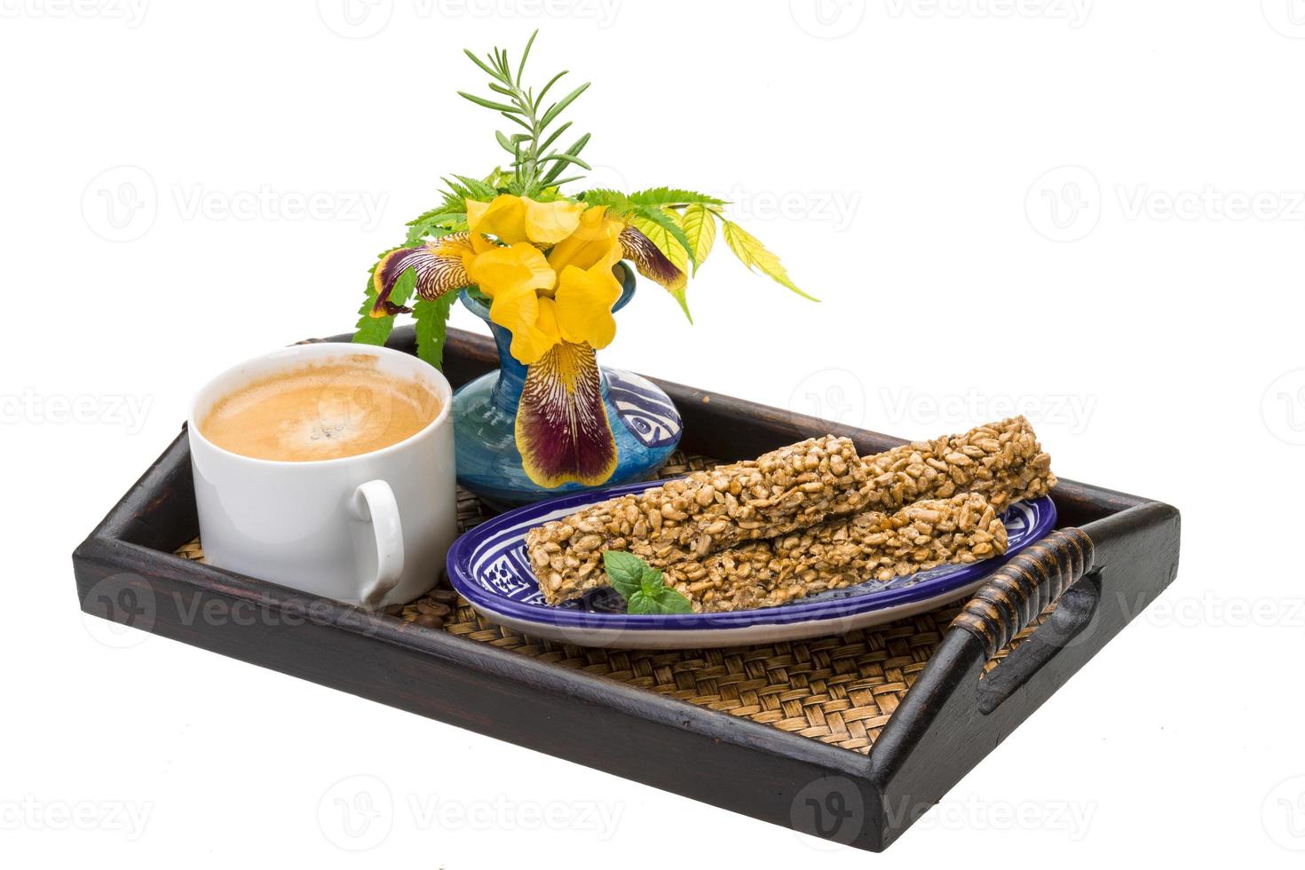 Breakfast wirh coffee and sunflower seeds dessert photo