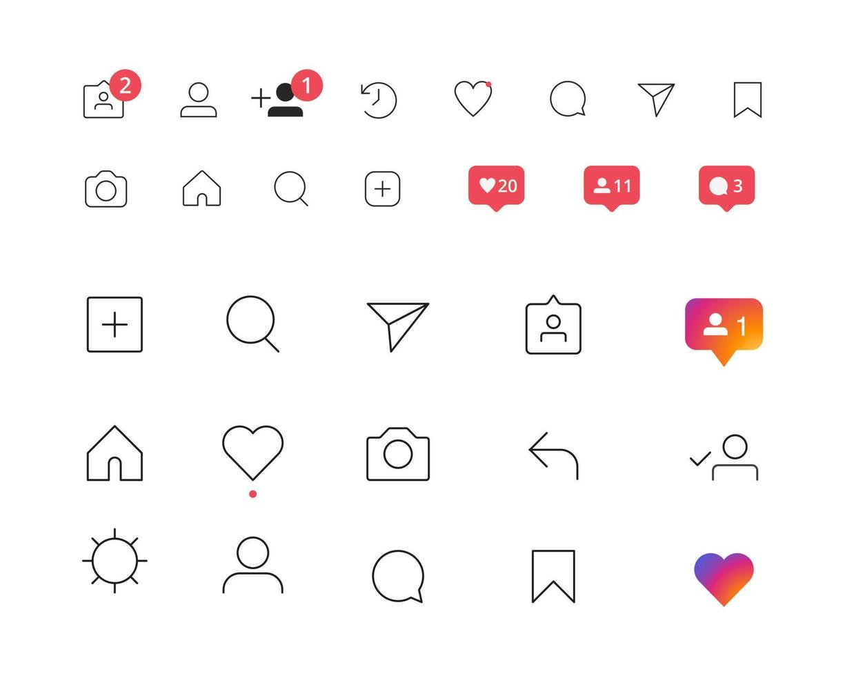 Website line icons social media icons user. Stories user button, symbol, sign, like, follower, comment vector illustration