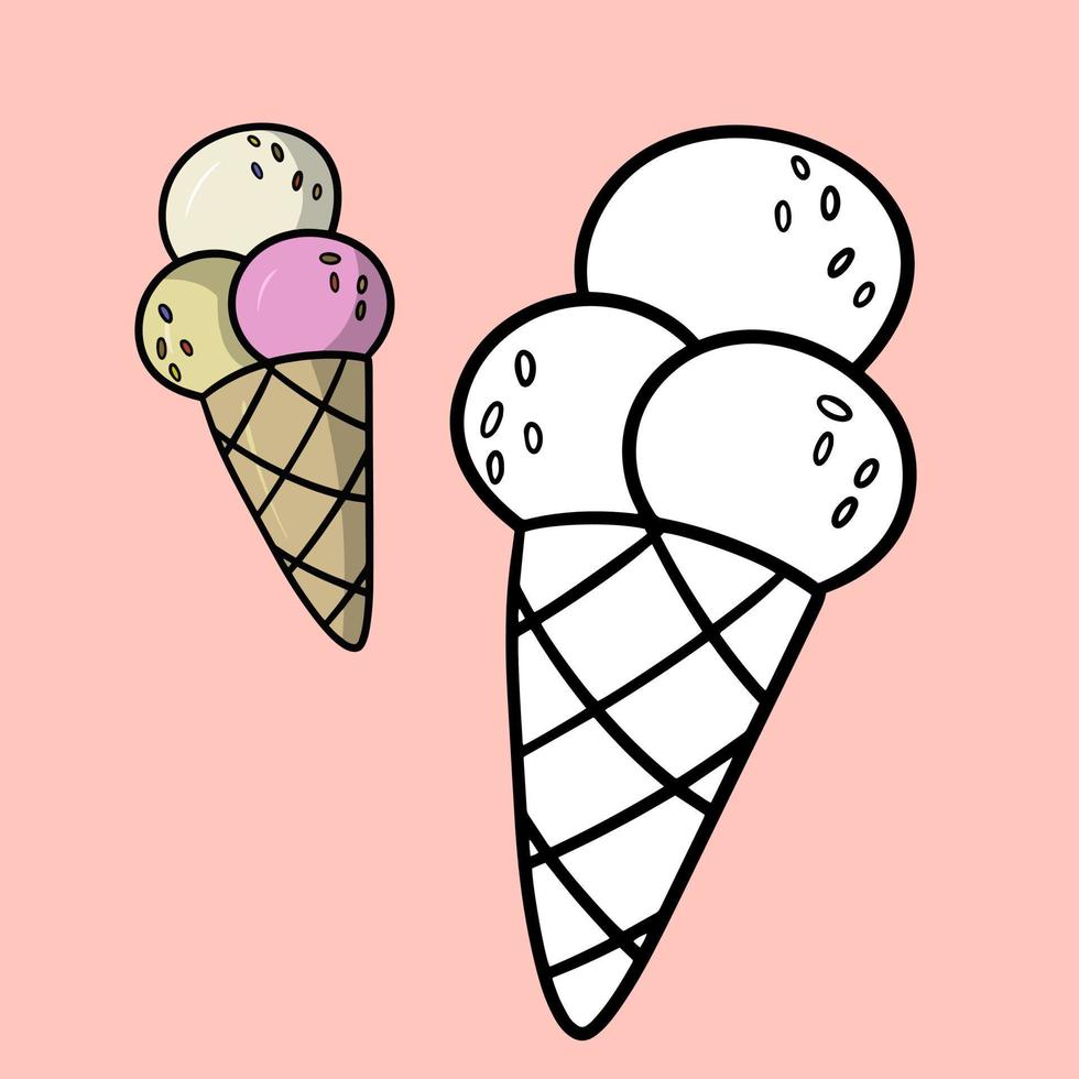 A set of drawings. Sweet cold dessert, vanilla and fruit ice cream in a waffle cup, cone, cartoon vector illustration on a pink background