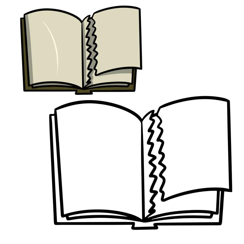 An old open book with a torn page, a cartoon vector illustration on a white background. A set of colored and sketched images, a coloring book.