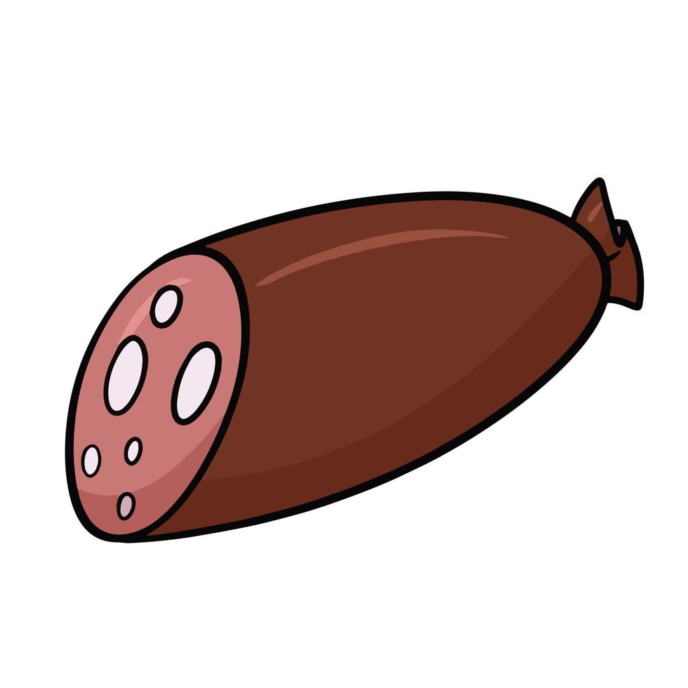Delicious piece of boiled sausage with bacon slices, smoked sausage, vector cartoon illustration on a white background