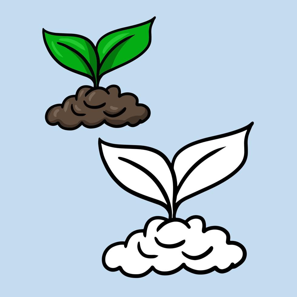 A set of illustrations for a coloring book. A small sprout appeared from the ground, a cartoon vector illustration on a light background